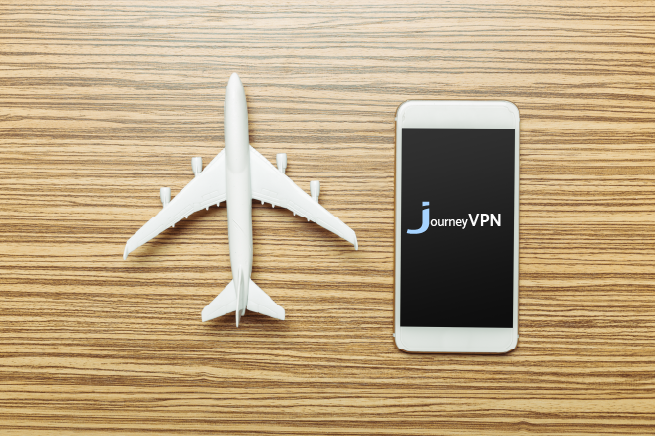 image of airplane and phone with JourneyVPN app on it